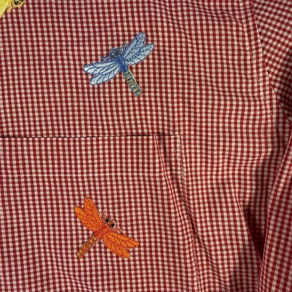 Vintage Red Gingham Blouse Shirt Dragonfly Appliqués With Rhinestones Size Large - Picture 5 of 8